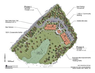 Little Neck Expansion
This is a conceptual drawing for the proposed expansion of Marion's Little Neck Village senior housing complex. Pending state and federal funding and local approval, the two-phase project would add 42 new units to the existing 8.69-acre site along with a 1,300 square foot Community Building which could also be used for the town's senior activities. (Design by Lindquist, Fenuccio and Raber Architects, Inc.)
