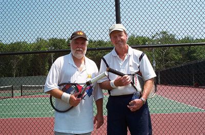 Tennis Club Winners
A mixed doubles tennis tournament sponsored by the Mattapoisett Community Tennis Association was held at Old Rochester Regional High School on June 28, 2008. First place among the men went to Gregory Hatfield (left) of Martinez, GA, and second place was won by Tom Herring (right) of Wareham, MA. (Photo courtesy of Adrian Lonsdale).
