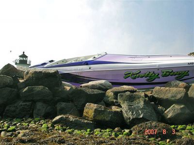 Bird Boat
This cigarette boat literally "flew" onto Bird Island in Marion on Thursday night, August 2. According to the Marion Harbormaster's office, no one was injured in the mishap and the boat has since been removed from the island. (Photo courtesy of Debbie Druan).
