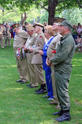 Memorial Day 2007
Several Marion veterans stand at attention and listen to speakers during the town's Annual Memorial Day Exercises held outside of the Marion Town House on Monday morning, May 28. (Photo by Robert Chiarito).
