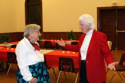 Selectmen's Greetings!
The Marion Board of Selectmen held their annual Christmas Party for Town Hall staff, boards and committees on Tuesday evening, December 2 at the Marion Music Hall. Here Planning Board member Jay Crowley and Upper Cape Tech Regional School Committee member Eunice Manduca chat before dinner. (Photo by Kenneth J. Souza).

