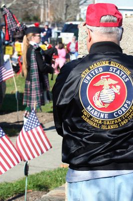 Marion Veterans Day 2008
A Marine Corps vet stands at attention during The Star Spangled Banner in Marion during the Veterans' Day celebration. (Photo by Robert Chiarito).
