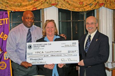 Lions Club Donation
(L. to R.) Bill Shell, Program Coordinator for the Hunger Commission; Rebecca McCullough, YMCA Development Director and Mattapoisett Lions Club Member; and Pierre Bernier, President, Mattapoisett Lions Club pose with a copy of the $1,000 check donated by the Lions Club to become a Crop Sponsor for the Sharing the Harvest community farm project.
