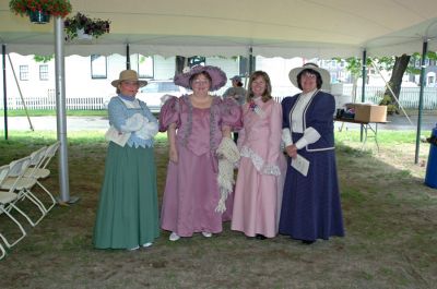 Mattapoisett Birthday Bash
Mattapoisett ladies (l. to r.) Melody Pacheco, Bobbie Gaspar, Dottie Nunes and Barbara Sullivan donned period dresses for Mattapoisett's 150th Birthday Celebration held on Sunday, May 20, 2007 outside Town Hall. (Photo by Tim Smith).
