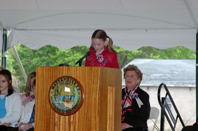 Mattapoisett Birthday Bash
Mary Kate McIntire of Center School reads a portion of the "Act of Incorporation" during Mattapoisett's 150th Birthday Celebration held on Sunday, May 20, 2007 outside Town Hall. (Photo by Tim Smith).
