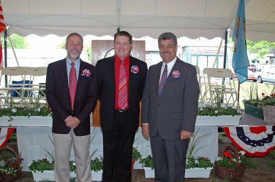 Mattapoisett Birthday Bash
Sitting Board of Selectmen members (l. to r.) Raymond Andrews, Jordan Collyer and Stephen Lombard pose during Mattapoisett's 150th Birthday Celebration held on Sunday, May 20, 2007 outside Town Hall. (Photo by Tim Smith).
