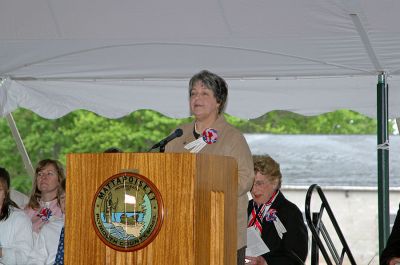 Mattapoisett Birthday Bash
Margaret DeMello, Co-Chairman of the Sesquicentennial Committee, welcomes everyone during Mattapoisett's 150th Birthday Celebration held on Sunday, May 20, 2007 outside Town Hall. (Photo by Tim Smith).
