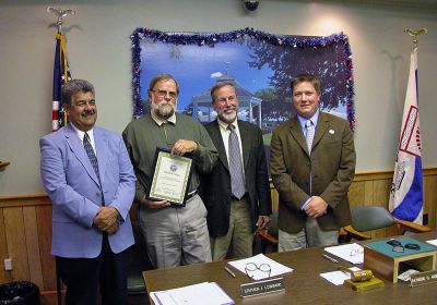 Assessor Award
Retiring Mattapoisett Assessor William Hall was presented with a certificate of appreciation from the Board of Selectmen recently for his 10 years of service to the town. (Photo by Kenneth J. Souza).
