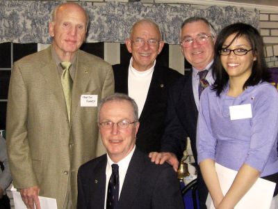 Latest Lions
Newest members of the Mattapoisett Lions Club who were recently inducted during a benefit dinner at the Mattapoisett Chowder House include (l. to r.) Dr. Thurston Bonney, Ashley Hughes and John Holland (seated) with the sponsor for the latter two, Lion Bruce Rocha and King Lion Steve Magyar. (Photo courtesy of Joe Murray).


