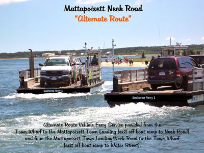 Mattapoisett Ferry?
Resident Laurie Nunes offered this creative solution to the roadwork being done on Mattapoisett Neck Road with her artistic rendition of two vehicle ferries  aptly named Seahorse I and Seahorse II  which could provide that elusive alternate route to Mattapoisett Neck from the Town Wharf. (Photo composite by Laurie Nunes).
