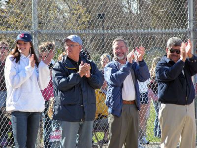 Mattapoisett Opening Day 2007
Opening Day Ceremonies for the 2007 season of Mattapoisett Youth Baseball (MYB) included special guests and local legends such as former American Idol contestant Ayla Brown (pictured with Mattapoisett town officials), and former Boston Red Sox pitcher Brian Rose. The day also included a tribute to longtime MYB supporter and former Mattapoisett Recreation Director John Haley with the field at Old Hammondtown School in his honor. (Photo by Robert Chiarito).
