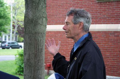 Permanent Planting
ORR School Superintendent Dr. William Cooper speaks prior to unveiling a newly-installed plaque rededicating the red maple tree just beneath the clock tower at Center School in memory of Suzanne Rogers, a first grader at the school who died tragically in 1977 when she was struck by a car. The Mattapoisett School Committee commissioned a new plaque to forever announce the trees significance. (Photo by Robert Chiarito).
