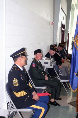 Mattapoisett Veterans Day 2008
Veterans Agent Barry Denham and keynote speaker Col. Nancy Souza, USA, share a laugh during Mattapoisetts Veterans' Day ceremony at Old Hammondtown School. (Photo by Kenneth J. Souza).
