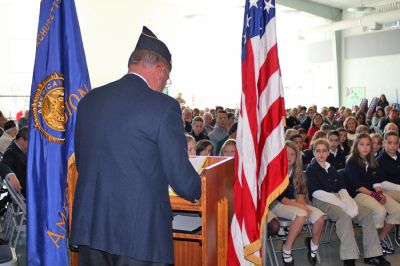 Mattapoisett Veterans Day 2008
American Legion Post Commander Mike Lamoureux prepares to introduce keynote speaker Col. Nancy Souza during Veterans' Day Exercises held at Old Hammondtown School on November 11. (Photo by Kenneth J. Souza).
