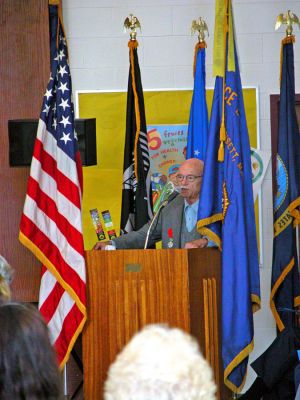 Veterans Day 2006
Principal speaker Staff Sergeant Martin A. Smith, USA (retired), of Mattapoisett addresses the crowd during the 2006 Veterans Day ceremonies held at Old Hammondtown School on Saturday, November 11. (Photo by Robert Chiarito).
