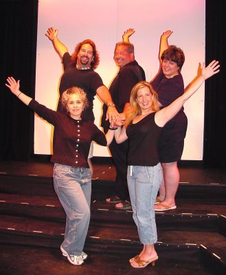 Marion Musical Revue
Cast members of the Marion Art Centers summer musical revue, The World Goes Round, rehearse for the show which features songs by John Kander and Fred Ebb. The production is directed by Paul Sardinha and will be performed for two consecutive weekends at the MAC on Thursday, Friday, and Saturday, July 21, 22, 23 and July 28, 29 and 30, with all performances starting at 8:00 pm. Ticket prices are $17.50 for MAC members and $20 for the general public. Cast members pictured here include (front row, l. to r.) Sheryl DeMello, Mary Cardwell, (back row, l. to r.) Ed Camara, Bruce Lackey, and Sheila Furtado. (Photo by and courtesy of Joe Butterfield).
