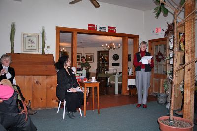 Radio Waves
The tri-town League of Womens Voters (LWV) got together last weekend at the Ansel Gurney House in Marion to hear fellow member Naomi Arenberg (seated), a reporter for local radio station WCAI and host for All Things Considered, discuss Everything I Know I Learned from Music. Born and raised in Rochester and now a resident of Onset, Ms. Arenberg described music as the universal language. (Photo by Sarah K. Taylor).
