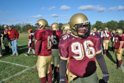 Cougar Classic
Old Colony Cougar Football Team freshman Shane Brynes (#96) looks pensive during the big "Cougar Classic" game held on November 22 at Old Colony Regional Voke which ended in a heart-breaking shutout, 21-0. (Photo by Robert Chiarito).
