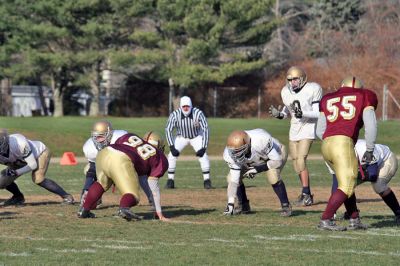 Cougar Classic
The offensive line of the Old Colony Cougars Football Team prepare to make a play during the big "Cougar Classic" game held on November 22 at Old Colony Regional Voke which ended in a heart-breaking shutout, 21-0. (Photo by Robert Chiarito).
