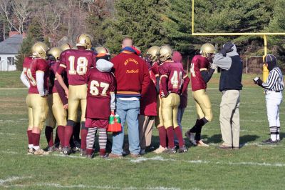 Cougar Classic
Members of the Old Colony Cougar Football Team huddle during the big "Cougar Classic" game held on November 22 at Old Colony Regional Voke which ended in a heart-breaking shutout, 21-0. (Photo by Robert Chiarito).
