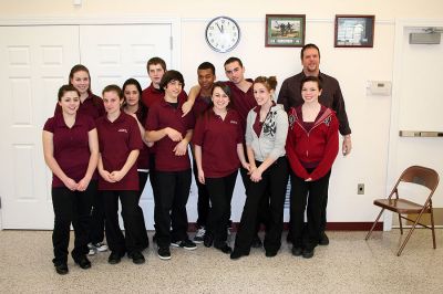 Cooking Class
Members of the Old Colony Regional Vocational Technical High School Culinary Arts Program recently served one of their monthly luncheons to residents at the Rochester Senior Center. Under the supervision of program director Scott Botelho, the students took over the kitchen at the Senior Center to share their cooking talents and prepare some Venus De Milo style soup and meatball subs. (Photo by Robert Chiarito).
