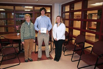 Mock Logo
ORR High School Instructor Deb Stinson, Tabor Academy freshman and Mattapoisett resident James Mock, and ORCTV Executive Director Kim Miot pose inside the Media Room at ORR during a press conference to announce Mr. Mock as the winner of the recent ED-TV Logo Design Contest. Mr. Mocks winning design earned him a digital camera for his efforts. The new logo will be used to brand the soon-to-be-activited Channel 18 in the tri-towns and can be viewed online at www.orctv.org. (Photo by Robert Chiarito).

