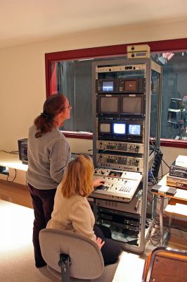 ORR Online
ORCTV Executive Director Kim Miot and ORR High School Television Instructor Lee Shionis test out the newly-installed equipment in the recently reopened television studio in the basement of Old Rochester Regional High School during a recent walk-through of the facility. (Photo by Robert Chiarito).
