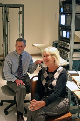 ORR Online
ORR School Superintendent Bill Cooper and Assistant Superintendent Jane Macdonald test out the newly-installed equipment in the recently reopened television studio in the basement of Old Rochester Regional High School during a recent walk-through of the facility. (Photo by Robert Chiarito).
