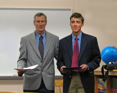 Academic Excellence Award
ORR School Superintendent Dr. William Cooper congratulates Jared Dourdeville of Marion, this year's recipient of the  Superintendent's Award for academic excellence. Jared is a senior at Old Rochester Regional High School.
