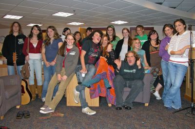 ORR Coffee House
Old Rochester Regional High School students who participated in the schools first-ever open-mic coffee house on Tuesday night, November 13, pose after the successful session. The event included impromptu musical performances, poetry readings, and original student writings. (Photo by Olivia Mello).
