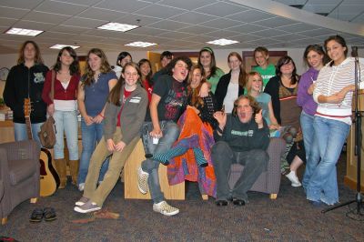 ORR Coffee House
Old Rochester Regional High School students who participated in the schools first-ever open-mic coffee house on Tuesday night, November 13, pose after the successful session. The event included impromptu musical performances, poetry readings, and original student writings. (Photo by Olivia Mello).
