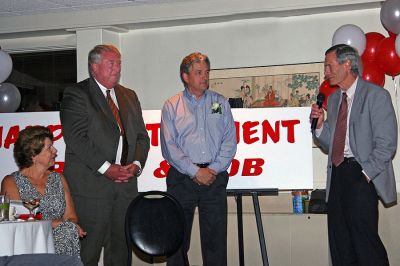 ORR Retirement Party
(L. to R.) Marylou Clarke (seated) watches while outgoing Old Rochester Regional High School Principal Bruce Clarke and Athletic Director Bob Catalini are honored by School Superintendent Dr. William Cooper at a retirement party held for Mr. Clarke and Mr. Catalini. Over 100 guests celebrated the careers of these two fine men at the Hawthorne Country Club on Thursday, June 14.
