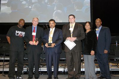 ORR Music Winners
(l. to r.) Drummer and Berklee alumnus John Blackwell, Old Rochester Regional High School Music Director Stan Ellis, Stivers School for the Arts Music Director Claude Lucien Thomas, Northwest Catholic High School Music Director Raymond Sinclair, Percussion Professor Terri Lynne Carrington and Music Education Chair Cecil Adderley pose at Berklee's Annual High School Jazz Festival.
