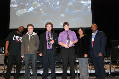 ORR Music Winners
(l. to r.) Drummer and Berklee alumnus John Blackwell, Tyler Arnold, Mack Williamson, Aaron Janik, Percussion Professor Terri Lynne Carrington and Music Education Chair Cecil Adderley pose at Berklee's Annual High School Jazz Festival.
