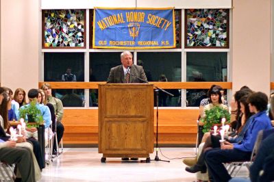 Honor Students Inducted
ORR High School Principal Bruce Clarke speaks to the 45 students recently inducted into the school's chapter of the National Honor Society (NHS) for 2007 on March 1. (Photo courtesy of Jane McCarthy).
