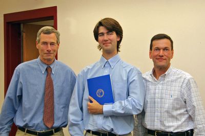 Superintendent's Award
On Tuesday, November 7, Old Rochester Regional School Superintendent Dr. Bill Cooper presented the 2007 Superintendent Award to ORR senior Charles Tucker Johnson. Tucker is the son of Mr. and Ms. Shep Johnson of Marion. The award is given to the highest ranking member of the senior class. Here Tucker (center) accepts the Superintendent's Award from School Committee Chairman Bob Nectow (right) and Superintendent Bill Cooper (left). In addition to his academic achievements, Tucker is actively involved in the Drama Club at the high school.
