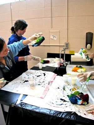 Tie-Dyed at ORR
Students in Ms. Gauvins eighth grade science class at Old Rochester Regional Junior High School learned about chemical reactions and colors during a tie-dye shirt-making session held this past week. UMass Dartmouth Chemistry Professor Tobey Dills (right background) and members of the UMass Dartmouth Chemistry Club were on hand to supervise the proceedings. Each student made their own cotton tie-dyed shirt which they will wear to school as part of a planned Tie-Dyed Day. (Photo by Kenneth J. Souza).
