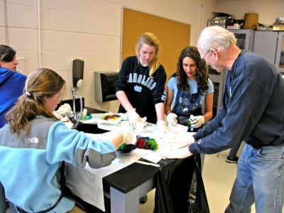 Tie-Dyed at ORR
Students in Ms. Gauvins eighth grade science class at Old Rochester Regional Junior High School learned about chemical reactions and colors during a tie-dye shirt-making session held this past week. UMass Dartmouth Chemistry Professor Tobey Dills (right background) and members of the UMass Dartmouth Chemistry Club were on hand to supervise the proceedings. Each student made their own cotton tie-dyed shirt which they will wear to school as part of a planned Tie-Dyed Day. (Photo by Kenneth J. Souza).
