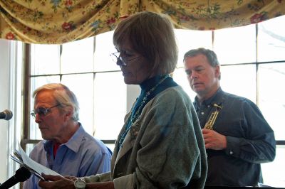 Poetic Jazz
Ellen Flynn and members of the Friends of the Mattapoisett Library welcomed poet Franklin D. Reeve to the Kinsale Inn in Mattapoisett on Sunday April 5 as part of the library's celebration of National Poetry Month. Mr. Reeve performed his piece, The Blue Cat Walks the Earth, accompianied by improvisational jazz muscians Don Davis and Joe Deleault in a performance dedicated to the memory of the late Library Director Judy Wallace. (Photo by Robert Chiarito)
