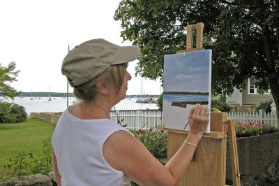 Paint the Town
Artist Joan Andrews works on an acrylic rendering of the Mattapoisett Harbor during the fifth annual "Fresh Paint" event held on Tuesday, July 17 to benefit the Mattapoisett Public Library. (Photo by Kenneth J. Souza).

