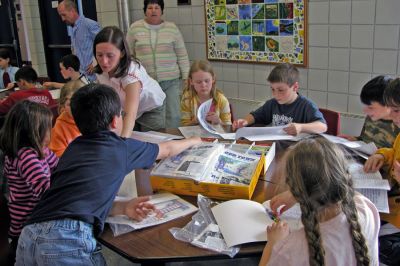 History Lessons
Volunteer members of the Rochester Historical Society presented a diverse program about the town's rich history to members of the Grade 3 classes at Memorial School on Monday, April 30. Among the various topics covered were the first Native American settlers, how early Rochester residents dressed and ate, and what type of games and pasttimes former residents enjoyed. (Photo by Kenneth J. Souza).
