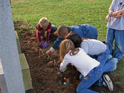 Students Sowing Seeds
Second graders at Rochester Memorial School received a grant of 200 bulbs from the North American Flowerbulb Wholesales Association, and small groups of students set the 178 bulbs around the schools sign and on either side of the front door earlier this week. Remaining bulbs will be cultivated and studied in the classroom. Students are now eagerly looking forward to April when their plantings will begin to bloom. (Photo courtesy of Linda Medeiros).
