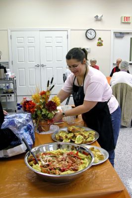 Peppers and Penne
Rochester's own Linda Medeiros serves up her "Sweet Sausage and Peppers Penne" entree to participants at the Rochester Senior Center during a recent cooking demonstration held on Monday, November 13. (Photo by Kenneth J. Souza).
