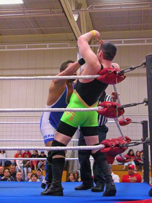 Wrestling in Rochester
Members of the Northeast Championship Wrestling League (NCW) held a series of wrestling matchups in the gymnasium of Rochesters Memorial School on Saturday, April 14 on the occasion of their tenth anniversary to stage a Reunion of NCW to benefit the family of RMS science teacher Tom Kinsky. Mr. Kinsky and his family lost their Wareham home to fire on the night of February 25, which left the family in need of virtually all necessities. (Photo by Robert Chiarito).
