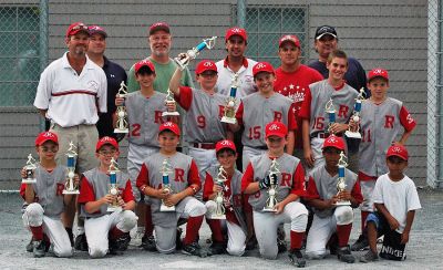 Baseball Champs
Members of the Rochester Youth Baseball (RYB) 10-U team recently won the Dennis tournament championship title, 5-1. Members of the winning team include (front, l. to r.) Andrew Dessert, Evan Sylvia, Tucker Mendonca, Ryan Beatty, Ryan Plunkett, Cory Dias (back row, l. to r.) Zack Rivera, Riley Sherman, Andrew Ryan, Jeremy Bare, Sam Kirby. The team in managed by Chris Dessert, with Coaches Gary Sherman, Mike Ryan, and George Kirby. (Photo courtesy of Chris Dessert).
