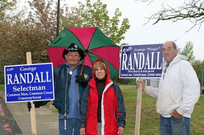 Meet the New Boss
In a surprising upset, first-time candidate for office George Porgie Randall (pictured here surrounded by supporters at the polls) defeated incumbent Raymond Andrews for a three-year seat on the Mattapoisett Board of Selectmen during the Annual Town Election held on Tuesday, May 20 at Old Hammondtown School. (Photo by Kenneth J. Souza).
