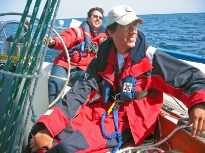 Bermuda Bound
Crew members aboard Selkie, a McCurdy and Rhodes 38.6 footer owned by Ian McCurdy, sail during the Marion-Bermuda Race. (Photo by Steven Thing).
