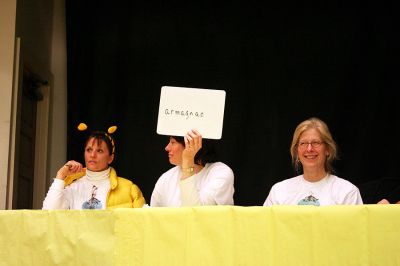 What's the Buzz?
The Seaside School Sea Bees win the Second Annual Lizzie Ts Spelling Bee to benefit Marions Elizabeth Taber Library on Thursday, March 6 at the Marion Music Hall by correctly spelling "armagnac" in the final round. Eleven teams of three members each competed in three rounds for the title of "Best Spellers." (Photo by Kenneth J. Souza).
