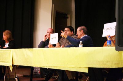 What's the Buzz?
A befuddled Team Wanderer participates in the Second Annual Lizzie Ts Spelling Bee to benefit Marions Elizabeth Taber Library on Thursday, March 6 at the Marion Music Hall. Eleven teams of three members each competed in three rounds for the title of "Best Spellers." (Photo by Kenneth J. Souza).
