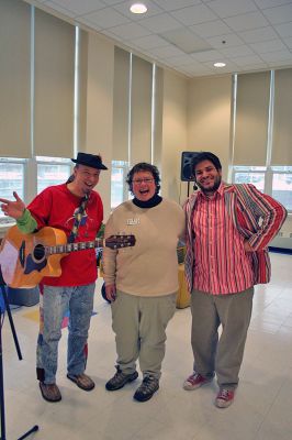 Jam in Marion
Ever-popular local childrens entertainers the Toe Jam Puppet Band performed recently for an enthusiastic crowd at Sippican Elementary School in Marion last weekened in a show sponsored by the Mattapoisett YMCA. The show was a benefit for the YMCAs Annual Scholarship Fund. Pictured here, from left, are Toe Jam co-founder and member Tom Poitras, Mattapoisett YMCA Executive Director Tricia Driscoll, and Toe Jam co-founder and member Vinny Lovegrove. (Photo by Robert Chiarito).
